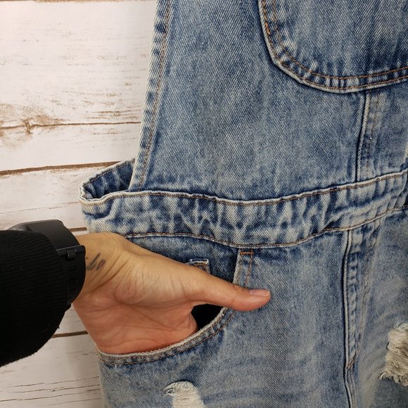 F21 Distressed Denim Overall Jumper Dress Pockets Light Blue MIni Size M - Picture 5 of 12